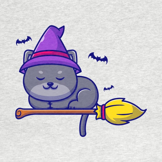 Cute Witch Cat Sleeping On Magic Broom Cartoon by Catalyst Labs